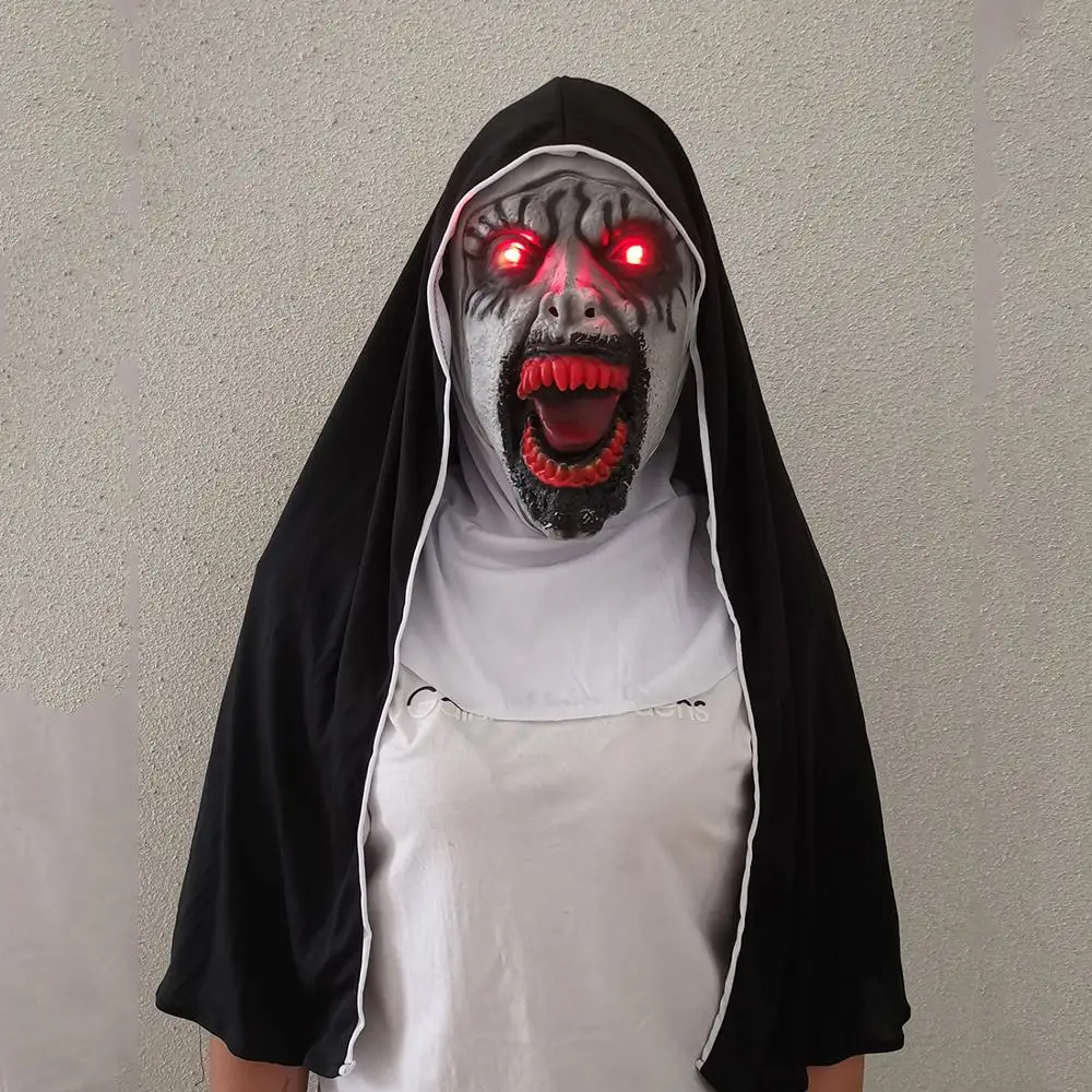 Светодиодный маска монашки ужасов Косплей страшные латексные маски валак с шарфом светодиодный светильник Вечерние Маски на Хэллоуин - Цвет: A