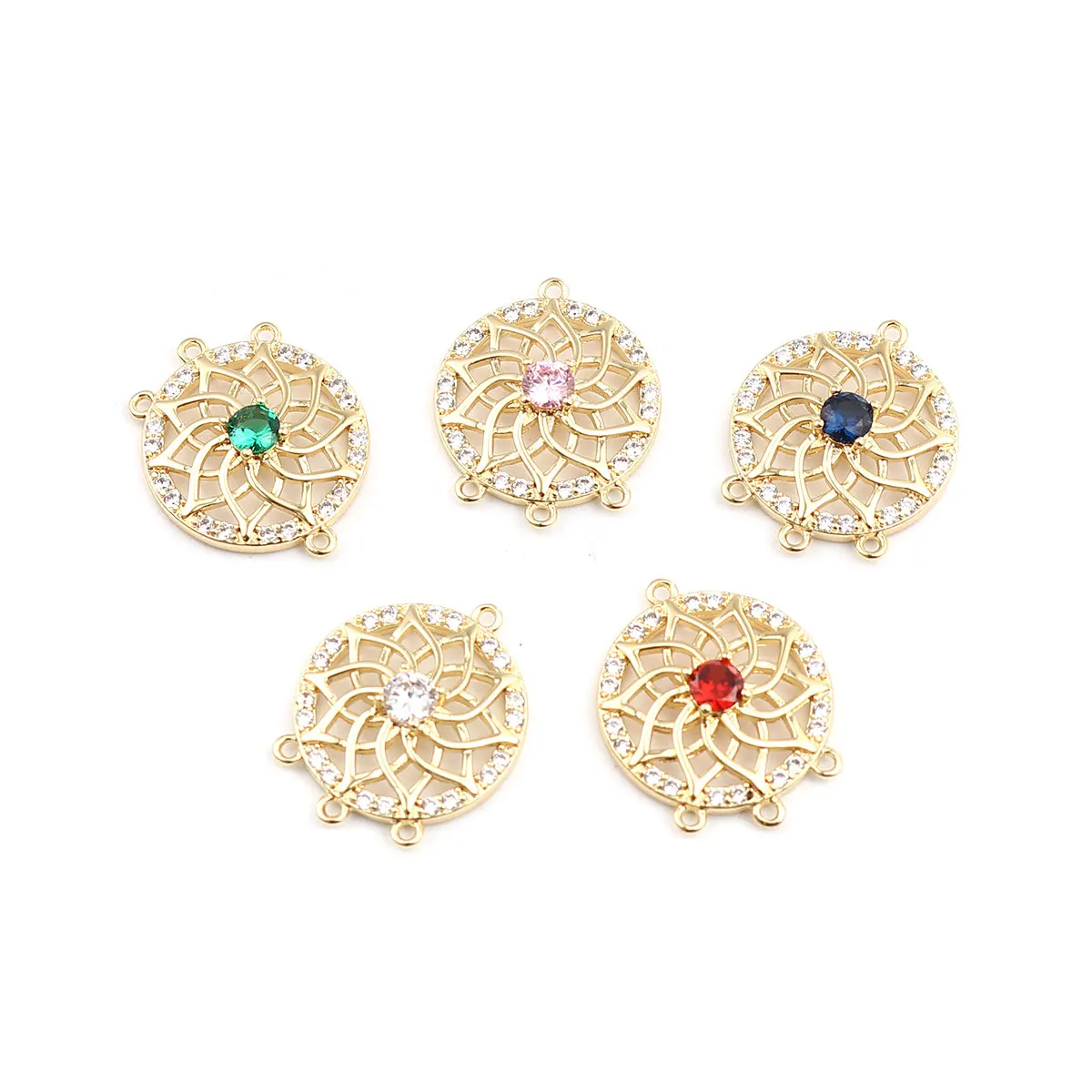 

5 Colors Copper Hollow Round Flower Connectors Gold Color Filled With Rhinestone 18* 15mm Foe DIY Gifts Jewelry Making, 2 PCs