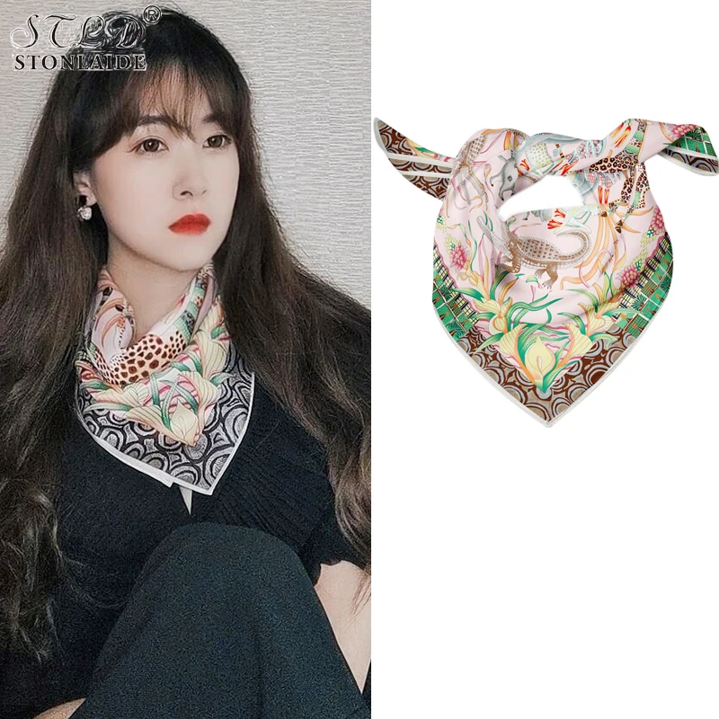 

Choice Korean Spring Summer Women Silk Neckerchiefs Luxury Brand Printed Imitation Silk Square Professional Neck Scarf 53x53cm
