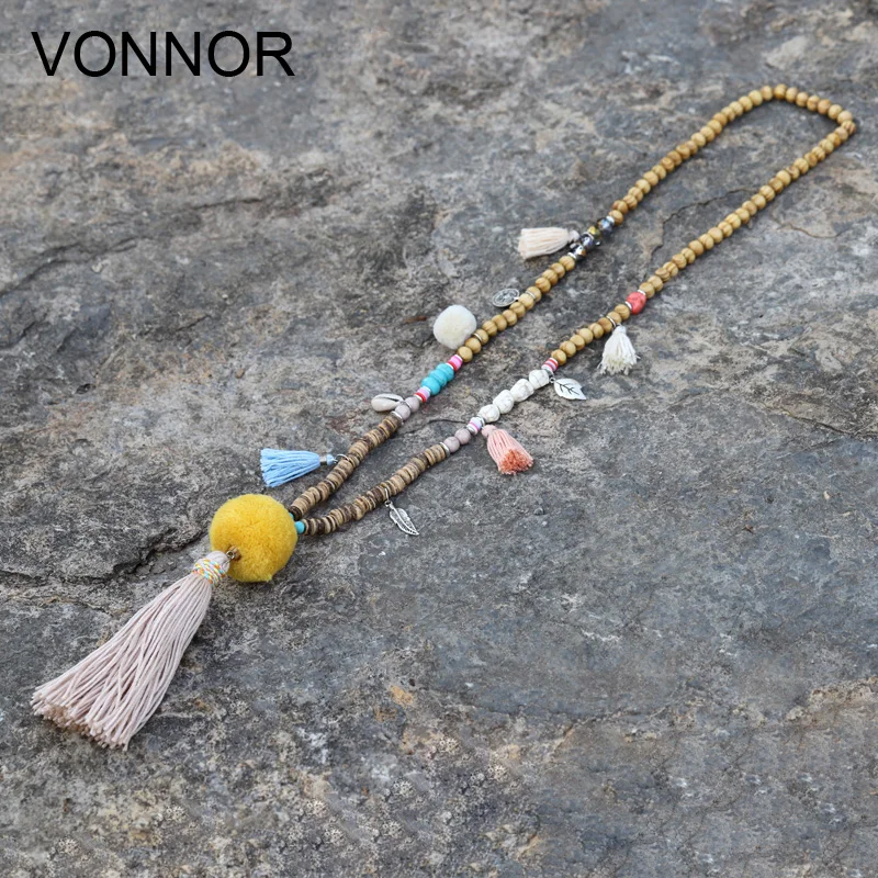 Best Women Jewelry Statement Necklace Nepal Ethnic style Beaded Tassel Long Necklace Crystal Wood Beads Coconut Shell Boho Necklace