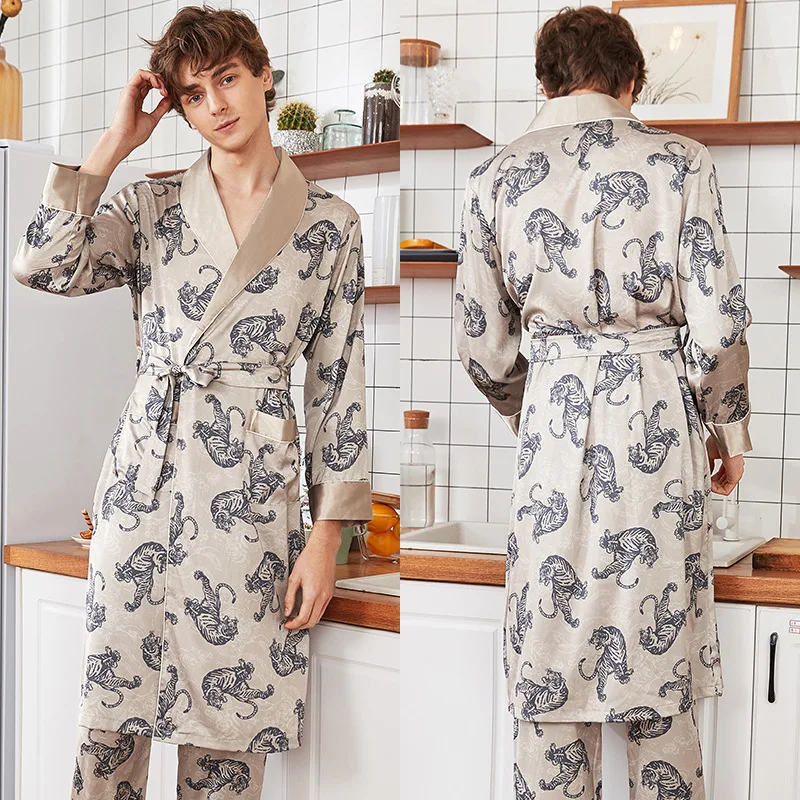 mens cotton pajama pants Ice Silk Long Sleeve Men's Pajamas Long Robes Nightgown Satin Sleepwear Loose Bathrobes Bathrobe Home Clothes 2021 silk sleepwear Men's Sleep & Lounge