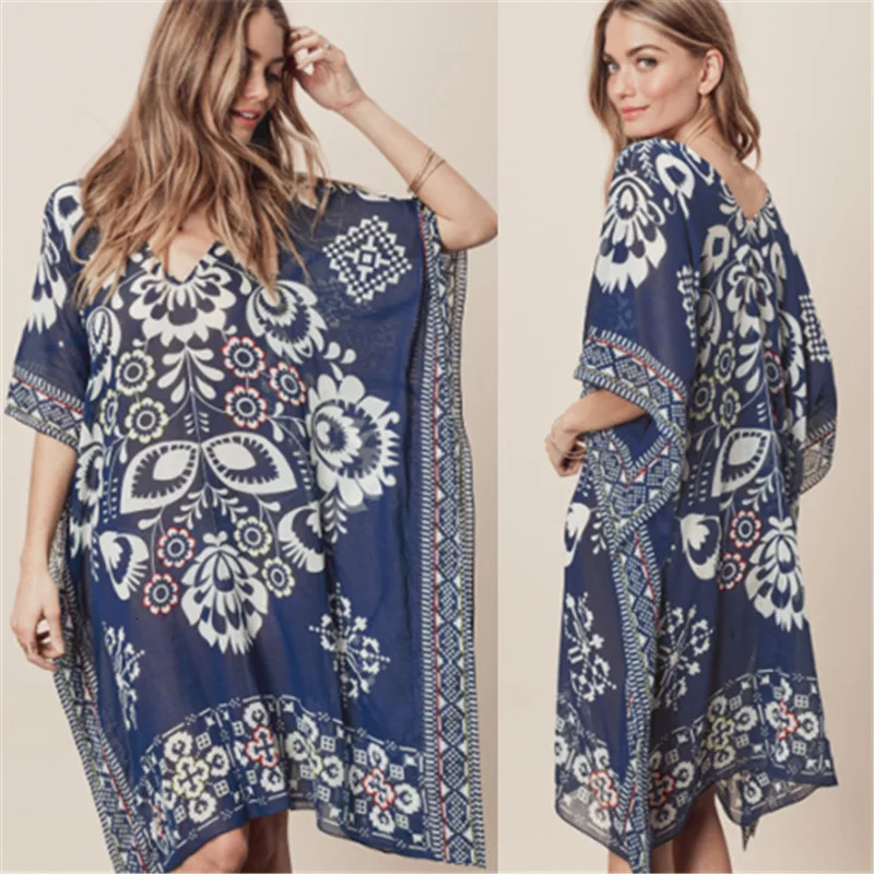 

Women Vintage Printed V-Neck Beach Bikini Cover Up Batwing Sleeve Plus Size Swim Dress Kaftan Blue Cotton Swimsuit Robe Pareos