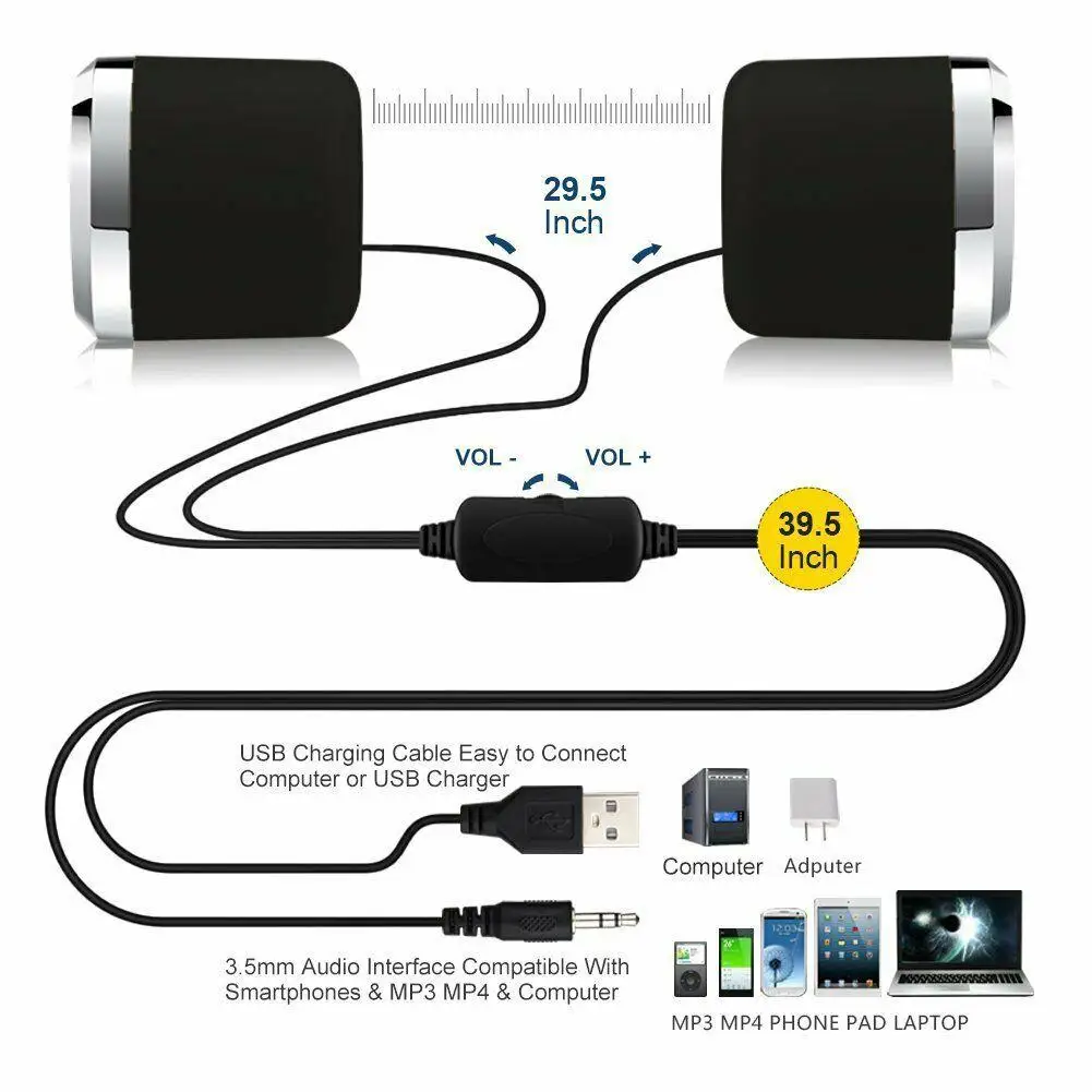 HobbyLane Mini Computer Speakers USB AUX Jack 3.5mm PC Desktop Laptop Stereo Wired Sound Subwoofer Computer Speakers d29