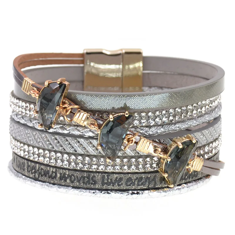 Leather Bracelet women Trendy glass Rhinestone Crystal Femme charm Bracelets & Bangles wrap bracelets For Women Jewelry