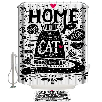 

Cat Alphabet Black Decoration Shower Curtain Set and Anti-slip Floor Mat Outdoor Rugs