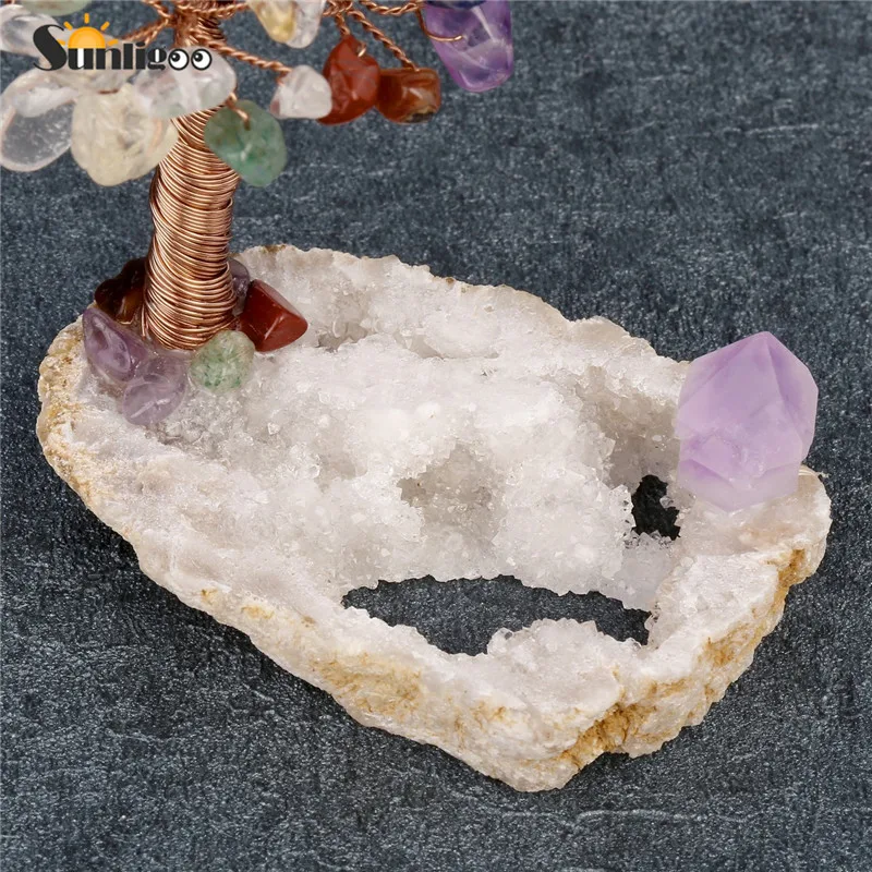 Sunligoo 1x мини натуральный кристалл денежное дерево румяный драгоценный камень бонсай дерево и сырой Агат кварц Geode база фэн шуй хрустальные статуэтки