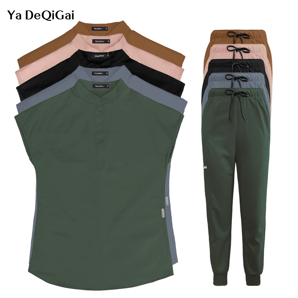 Scrubs Set for Women Pet Hospital Uniform Set Scrub Suits Solid Color Unisex Surgical Gown Pocket V-neck Joggers Wholesale Price