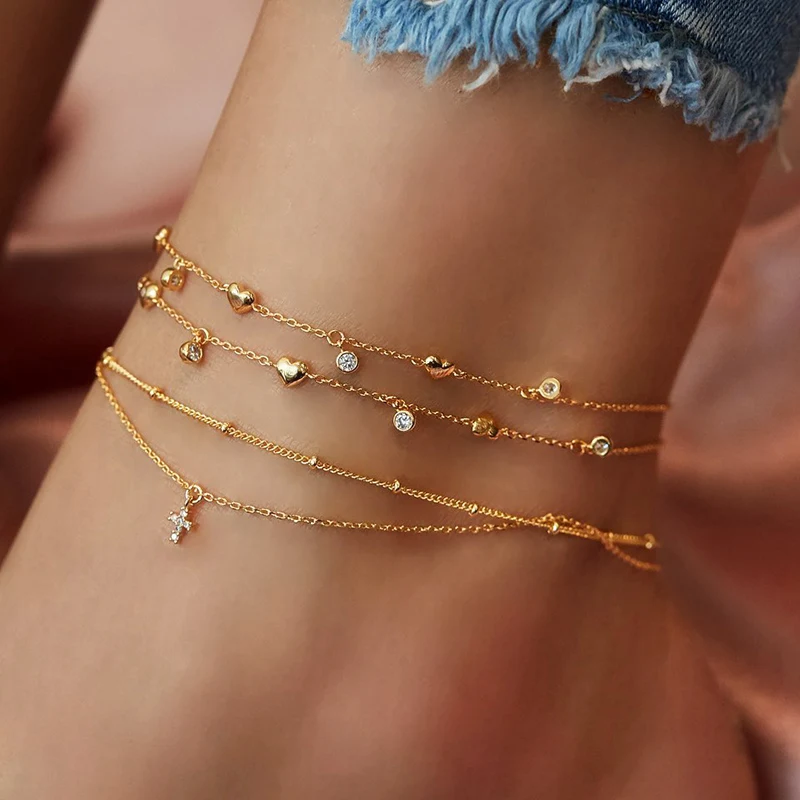 Bohemian Multilayer Rhinestone Heart Anklets For Women Gold Cross Pendant Anklet Ankle Bracelet On Leg Sexy Barefoot Jewelry New Bohemian Multilayer Rhinestone Heart Anklets For Women Gold Cross Pendant Anklet Ankle Bracelet On Leg Sexy Barefoot Jewelry New