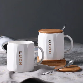 

Nordic Ceramic Cup Coffee Mugs Simple Letter Ceramic Mug with Lid Spoon Handle Water Cups Large Capacity Household Drinking Cups