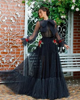 

Black Muslim Evening Dresses 2019 A-line Long Sleeves Tulle Embroidery Bow Islamic Dubai Saudi Arabia Long Evening Gown Prom