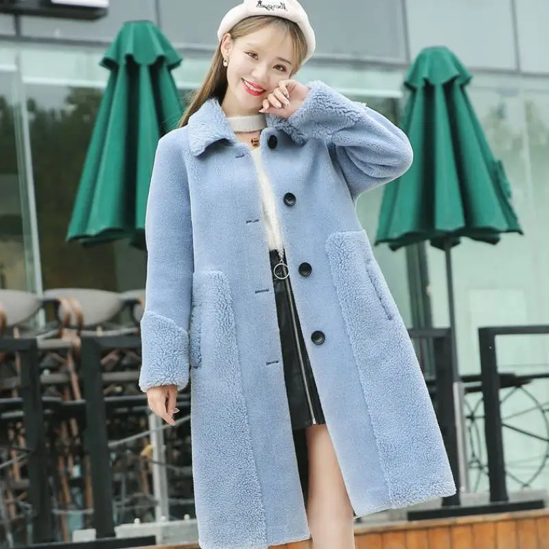 Женская осенне-зимняя длинная куртка из натуральной овечьей шерсти, г. Новая теплая плюшевая верхняя одежда E138 - Цвет: blue