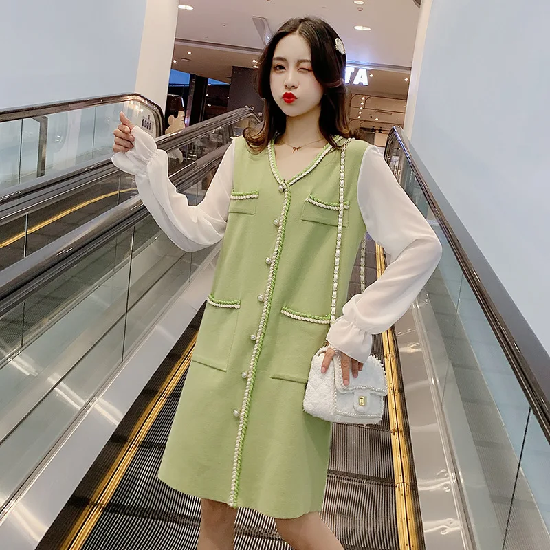 

Maternity Clothes 2019 New Style Autumn Knitted Medium-length Mock Two-Piece Joint V-neck Chiffon Sleeves Fashion Mom Dress