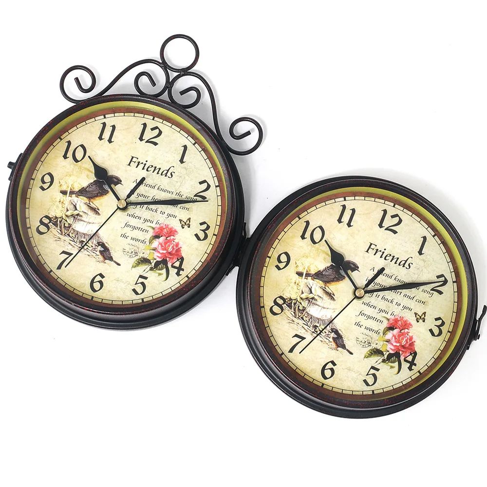 Металлические настенные часы в деревенском стиле с двойным лицом, винтажные классические железные художественные настенные часы для гостиной