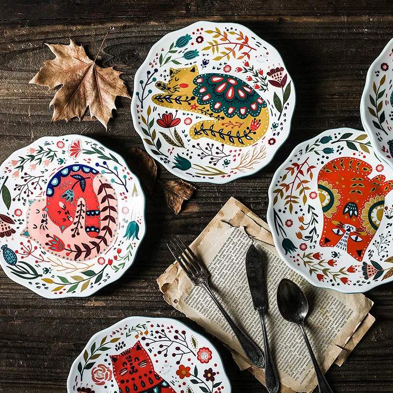 8 Inch Nordic Creative Cartoon Hand Painted Cat Plate Ceramic Tableware Under Glazed Dessert Dish Microwave Snack Steak Plate,ceramic dessert plates,snack dish