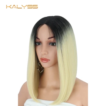 

Kalyss Wigs for Women Yaki Straight Synthetic Lace Front Wig for Black Women Middle Part Ombre 613 Blonde Bob Lace Front Wigs