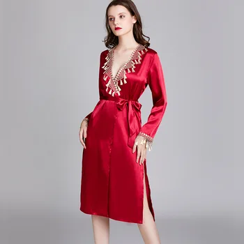 

Female Spring Silk Pajamas Long-sleeved Gown In Long Gown Bathrobe Leisurewear Ropa De Mujer Pyjama Femme Hiver Bathrobe