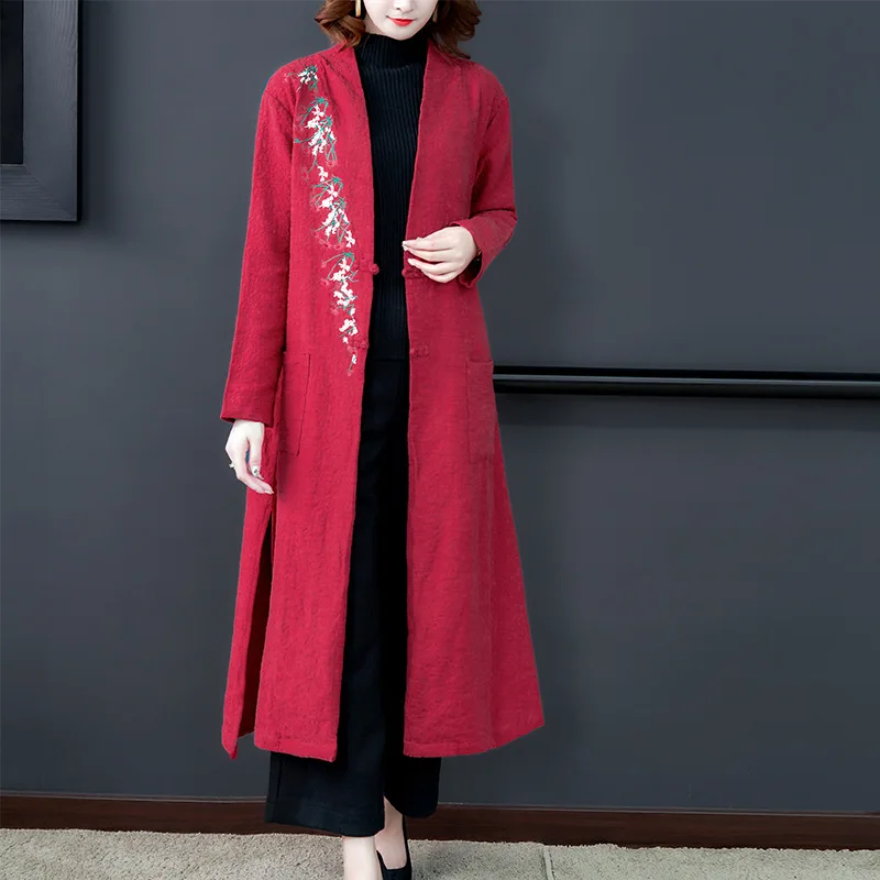 

2019 Autumn And Winter New Style Retro Frog Large Size Middle Long Coat Ethnic-Style Slit Jacquard Flax Embroidered Trench Coat