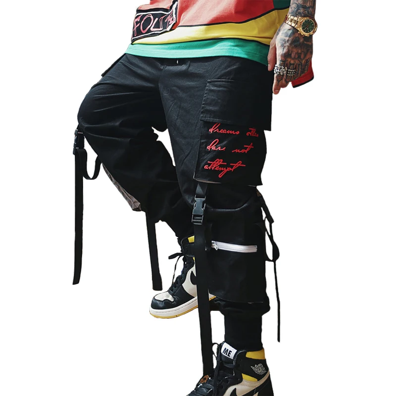 

NEW Side Pockets Reflective Stripe Men's Hip Hop Cargo Sweatpants Joggers Trousers Male Fashion Ribbons Embroidery Harem Pants