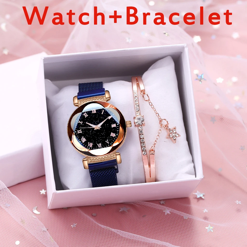 blue bracelet Женские часы с магнитной пряжкой, Звездный браслет с изображением неба, роскошные женские светящиеся римские цифры, кварцевые часы, Relogio Feminino - Цвет: blue bracelet
