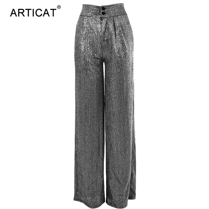 Articat Spaekly маленькие клетчатые широкие брюки для женщин с высокой талией свободные прямые Серебристые брюки женские зимние модные Клубные брюки