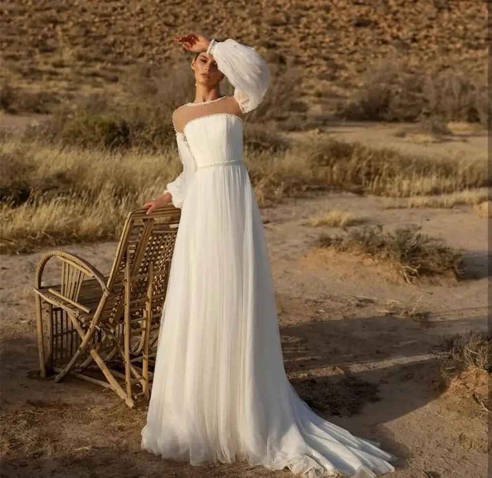 

2020 Wedding Dress Boho Long Sleeve Tulle Behomian Bridal Gowns Pleat Gorgeous A-Line Sleeve de soiree Charming White Ivory
