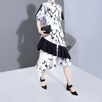 

WOMENGAGA 2020 Summer New Dress Mandarin Collar Ruffles Empire Print Patchwork Casual Loose Korean Fashion Single Breasted A258