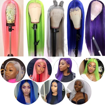 

Colored Blue 13*4 Lace Front Human Hair Wigs Pre Plucked Hairline Pink Grey Purple Green Indian Lace Wig with Baby Hair Remy