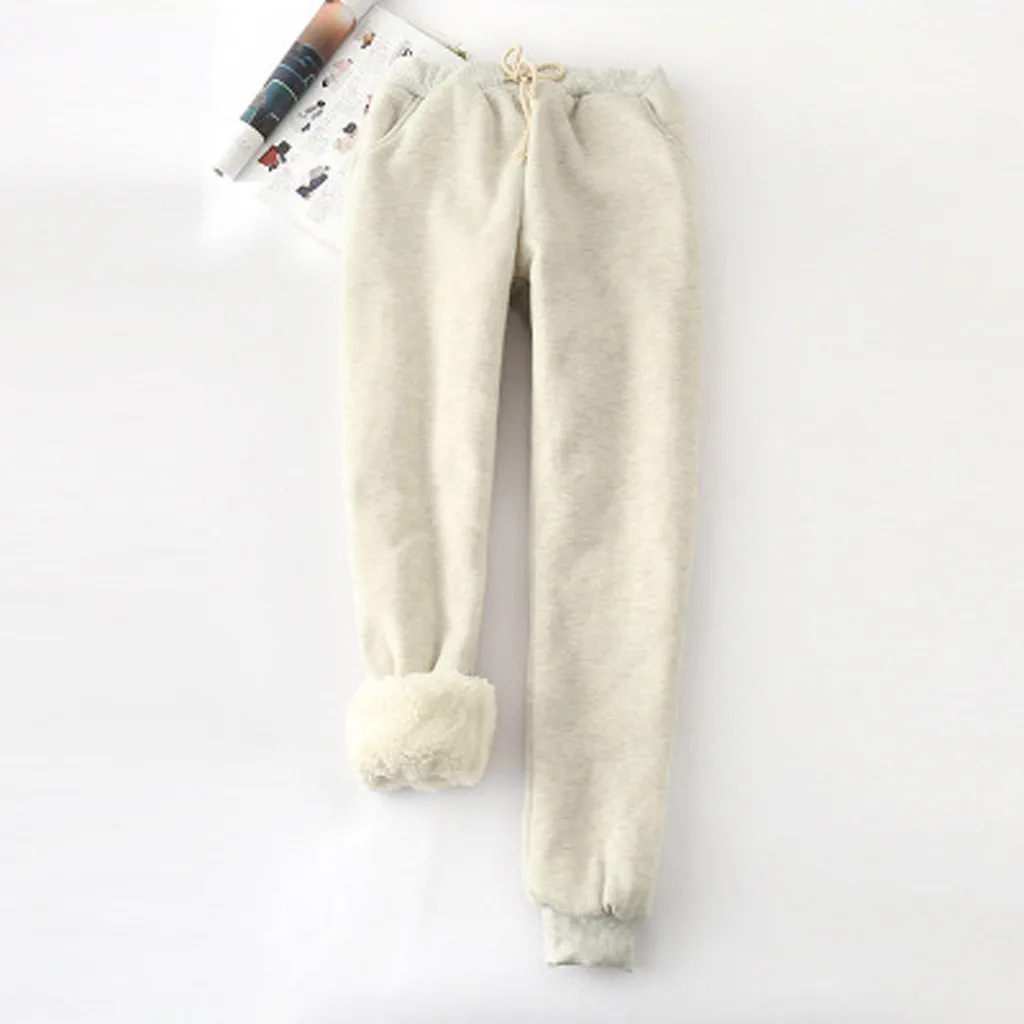 Women Winter Pants Thick Lambskin Cashmere Pants Warm Female Casual Loose Harlan Pants Drawstring Waist Long Trousers#T2G