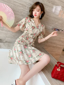 

Trendy Printed Cross V-neck Pleated High Waist Panel Lotus Leaf Hem Dress Women's Fashion Summer New Style