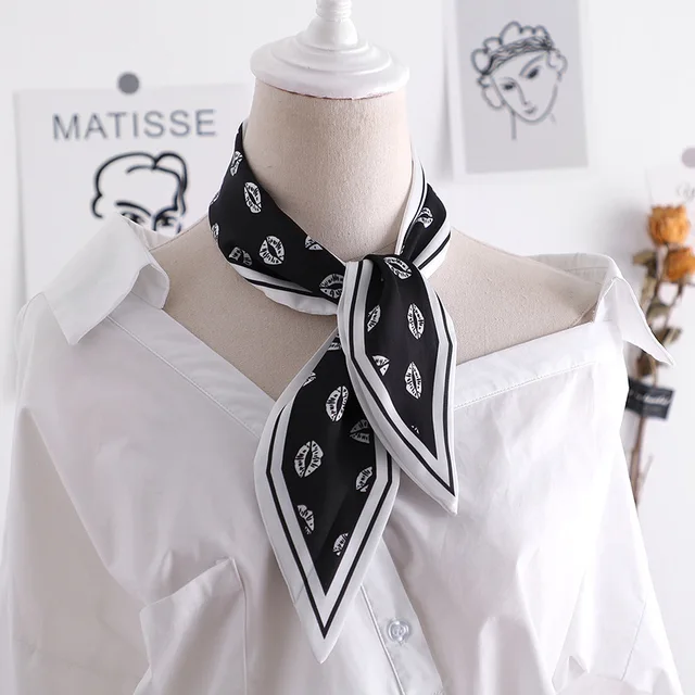 Sweet Love Print Women Small Silk Scarf Handle Bag Ribbons Female Head Scarves Sharp angle Green 90*10cm 48