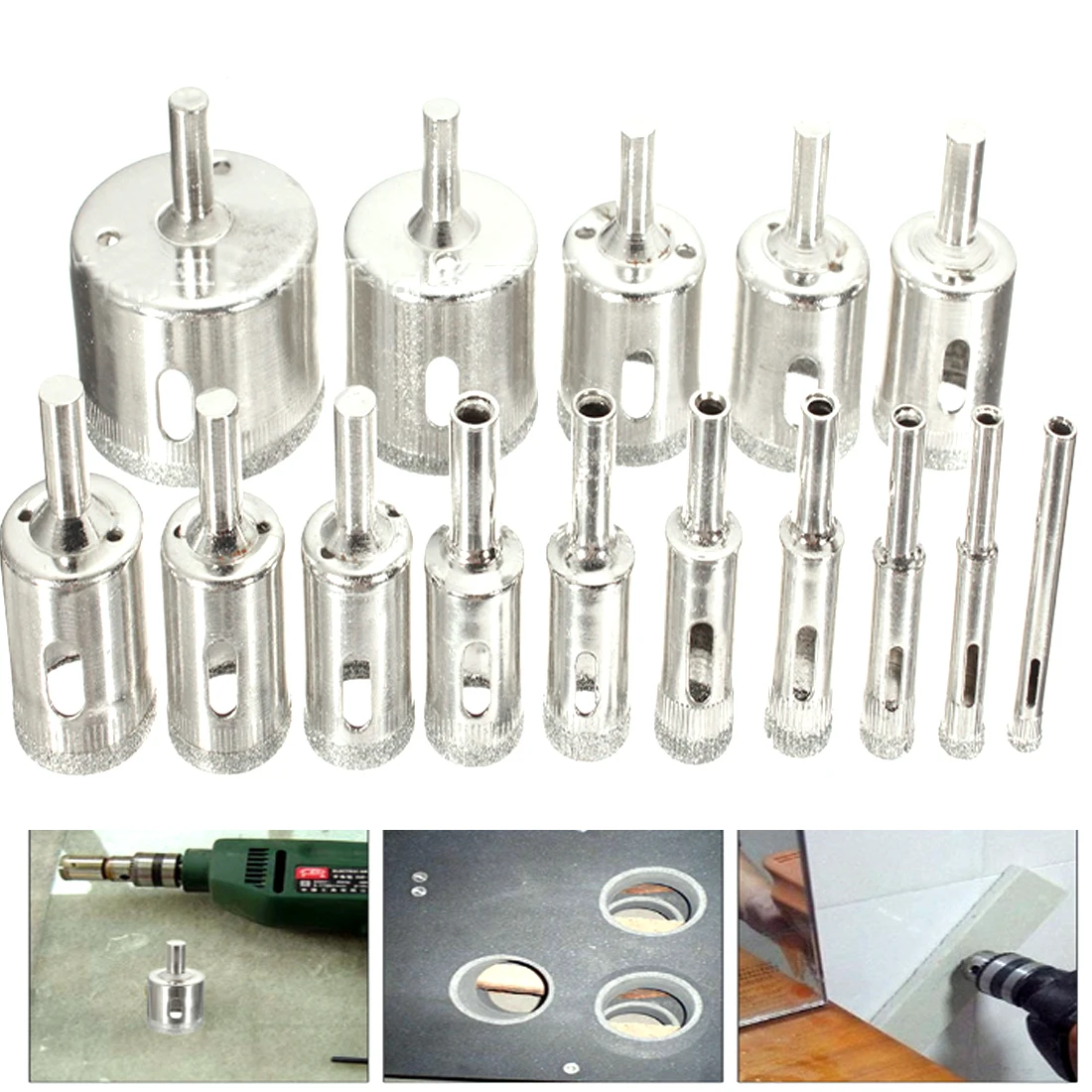 Diamond Coated Drill Bit Set Tile Marble Glass Ceramic Hole Saw Drilling Bit For Power Tools 15pcs/set 6mm-50mm