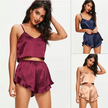 

New Women Summer Pajama Sets Ladies Loose Sleeveless Solid Ruffles Slip Tops Ladies Night Wear V Neck Sexy Backless 2020