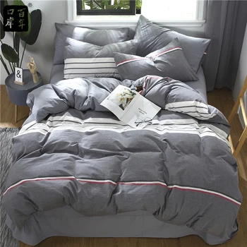 

Bedding Set 4Pcs/Set Washed Cotton Comfort Simple Striped Lattice Anti-Slip Bed Kit Cover Sheets Pillowcase Washing Yarn-Dyed