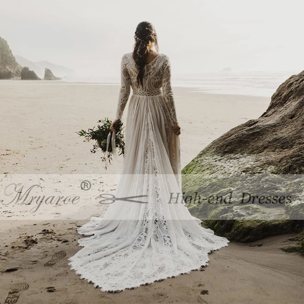 Mryarce Boho Chic Long Sleeve Modest Wedding Dress Lace Chiffon Unique Bridal Gowns Winter Wedding  (4)