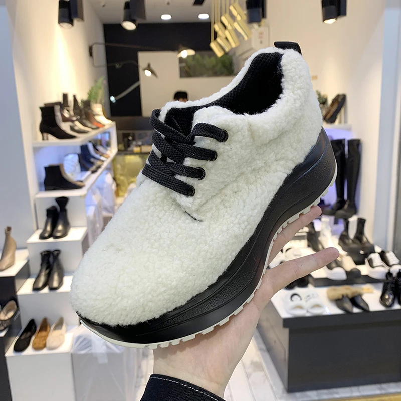 

Real Wool Fur Warm Women Sneaker Lace Up Winter Ankle Boots Platform Antiskid Warm Winter Cute Casual Shoes Luxury Black White
