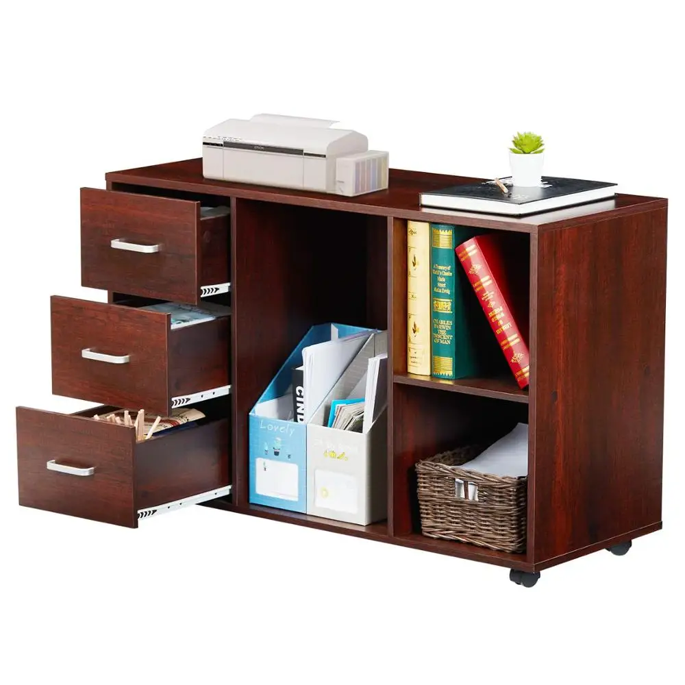 

File Wood Cabinet Filing 3-Drawer Storage Printer Stand with Wheels, Open Storage Shelves for Home Office Study
