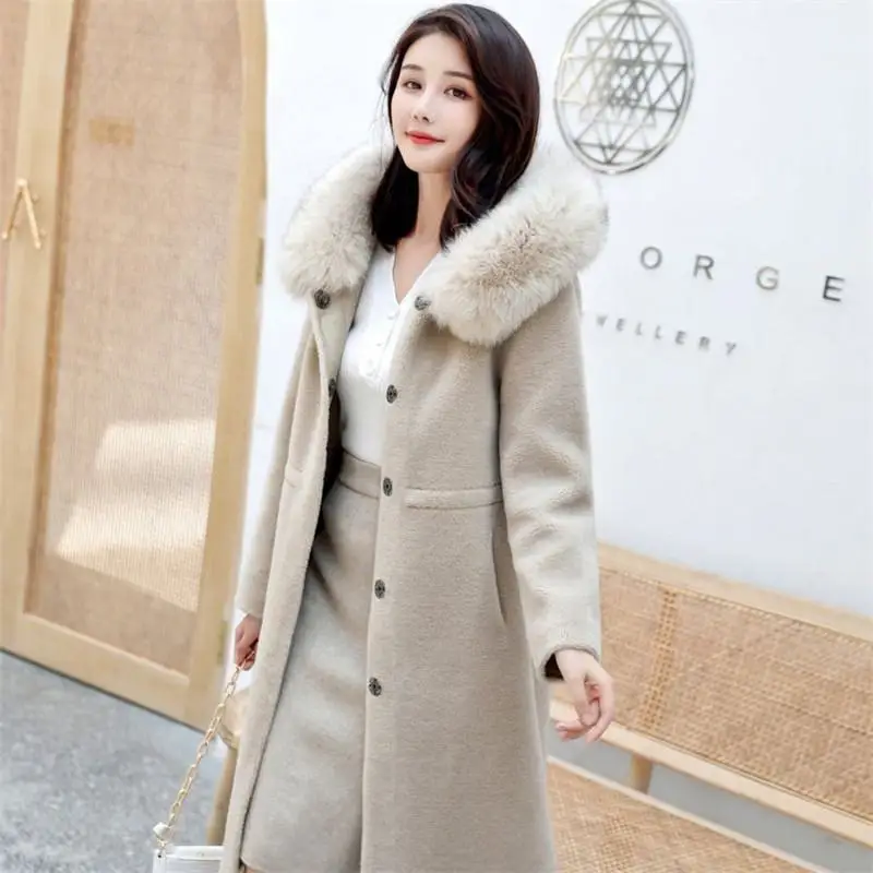 

Women Autumn Winter Real Granular Sheep Shearing Long Overcoat Casual Wool Jacket With Genuine Fox Fur Collar Hooded Coats N106