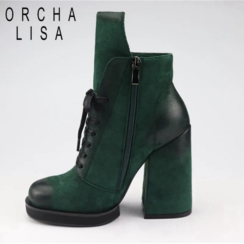 

ORCHA LISA Women Ankle Boots suede block high heels Cross-tied Lace Up platform boots Women's party shoes booties black green