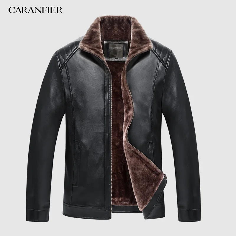 001Black CARANFIER, новинка, зимняя мотоциклетная мужская кожаная куртка, Мужская ветровка, Куртки из искусственной кожи, мужская верхняя одежда, теплая бейсбольная куртка из искусственной кожи, Размер 4XL - Color: 001Black