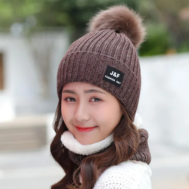 Knitted Winter Hat Scarf Set for Women Pom Pom Beanies set of hat and scarf for women Thick Warm Soft winter accessories