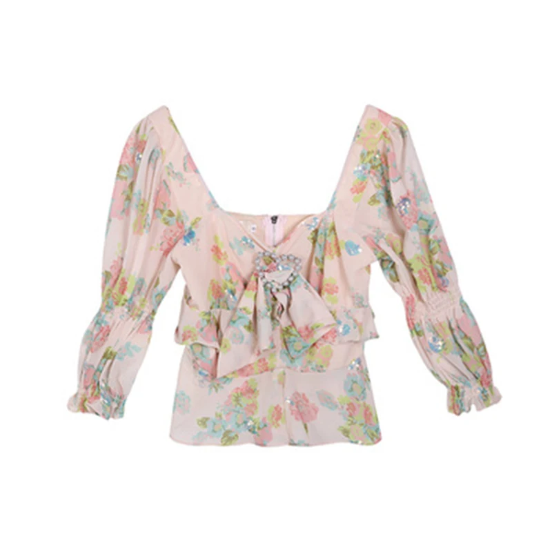 

PERHAPS U pink floral print lantern sleeve wrist sleeve v neck chiffon ruffle top summer B0659