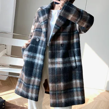 

Women Woolen Coat Warm Check Two-button Alpaca Coat