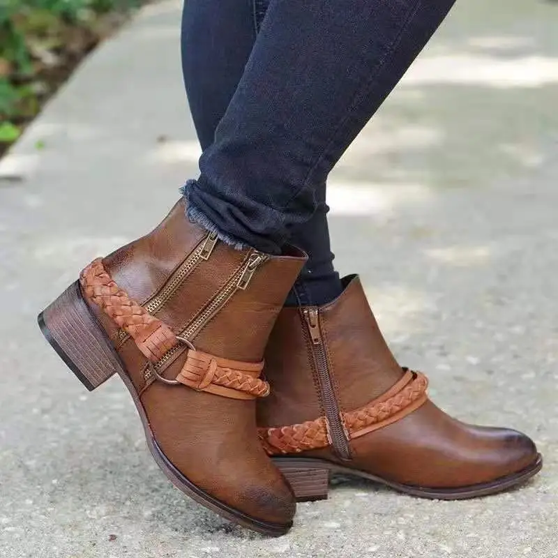 

Europe And America New Style 2019 Leather Boot Women's round-Toe Chunky Heel Autumn And Winter Side Zipper Whole Transaction Boo