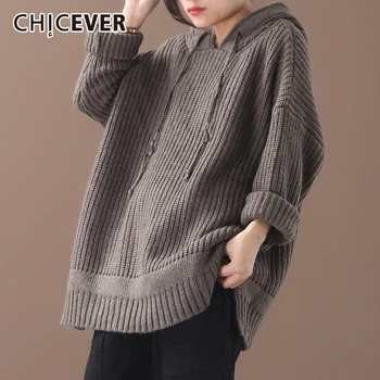 

CHICEVER Lace Up Knitted Sweater Women Hooded Long Sleeve Oversize Loose Casual Pullover Female Sweaters 2020 Autumn Fashion New