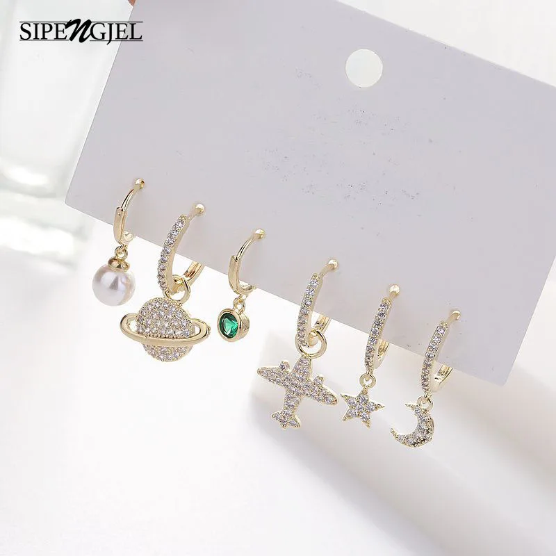 Серьги кольца женские с Луной и звездами 6 комплектов|Серьги-кольца| |