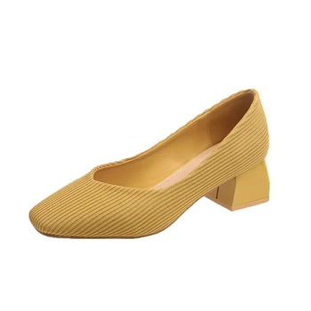 

Fashion Thick High Heels 2020 New Shallow Mouth Women's Shoes Professional Work Shoes Square Toe Knitted Single Shoes