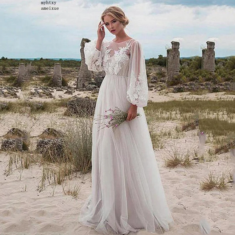 

Beach Cheap Wedding Dress 2019 Robe De Mariee Puff Sleeves Delicate Appliques Sexy Bride Dress Backless Vestido De Novia China