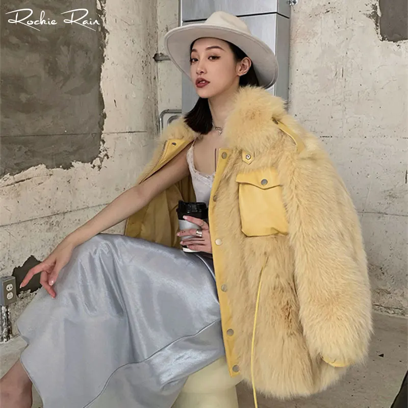 Женское пальто из натурального Лисьего меха Натуральная овечья кожа куртки женская модная верхняя одежда с длинными рукавами осеннее зимнее теплое пальто