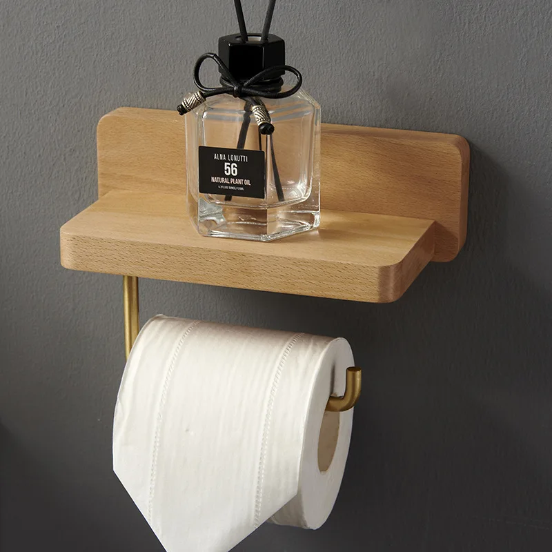 support à papier hygiénique en bois massif avec étagère de rangement en métal en alliage de laiton Support à rouleau de papier toilette 
