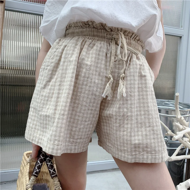 

Summer Thin Section Girls Wheat Drawstring Small Plaid Shorts Pure Cotton Comfortable Breathable Moisture Absorption Children Ca